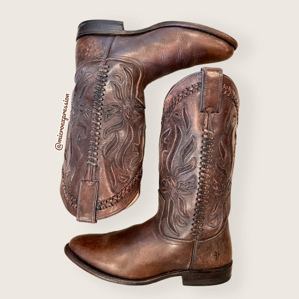 $429 Frye Wyatt Overlay Brown Leather Embroidered Pattern Tall Cute Cowboy Boot - Picture 11 of 12